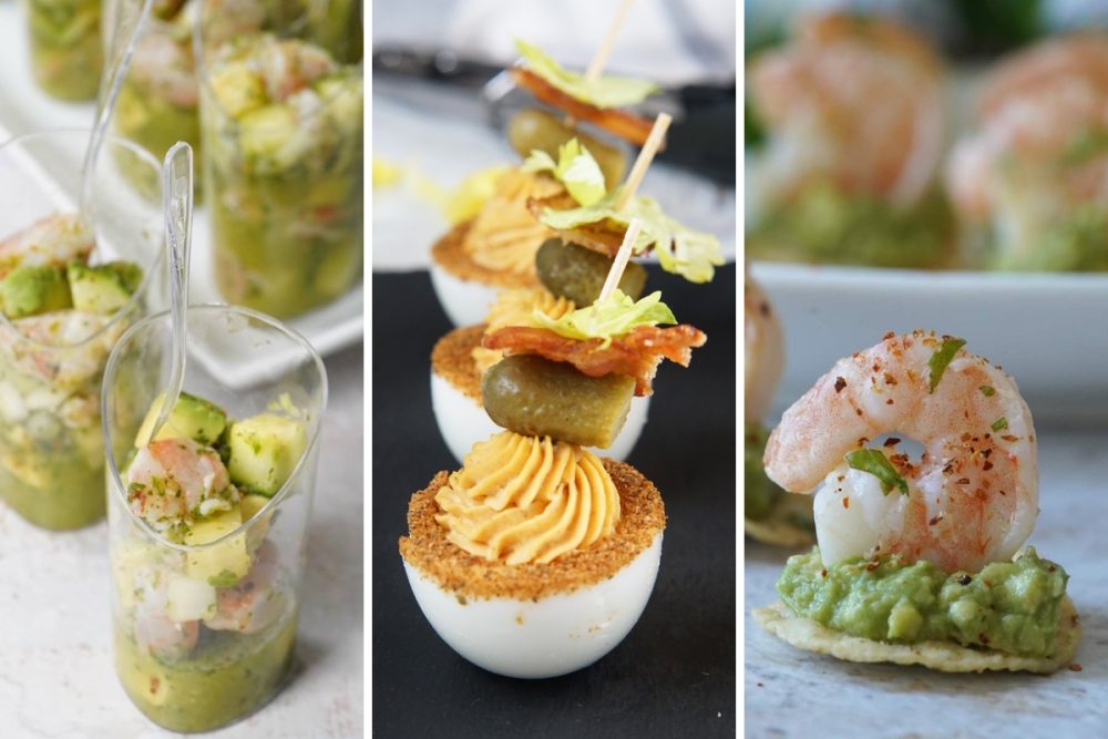 aguachile, bloody mary deviled eggs, and shrimp tortilla bites