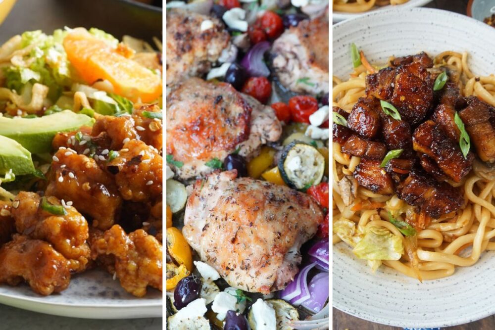 orange chicken, Greek sheet pan chicken, and braised pork belly and yaki udon