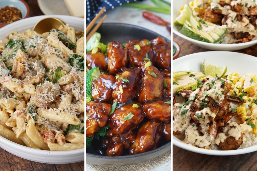Tuscan sausage pasta, general tso chicken, and grilled shrimp bowls