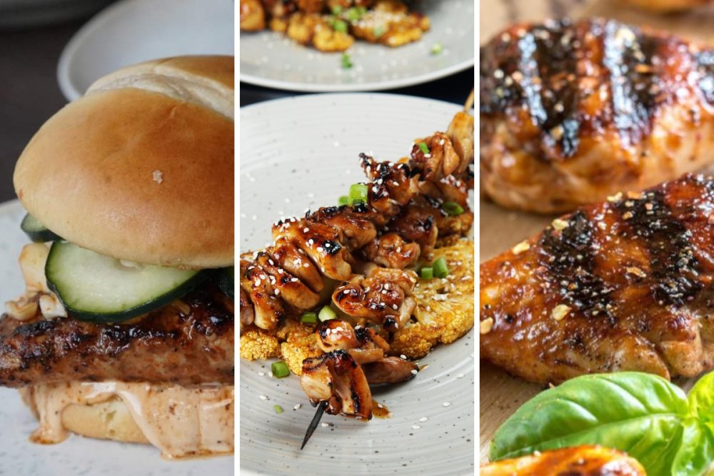 Grilled Korean chicken sandwich, teriyaki chicken skewers, and grilled drumsticks