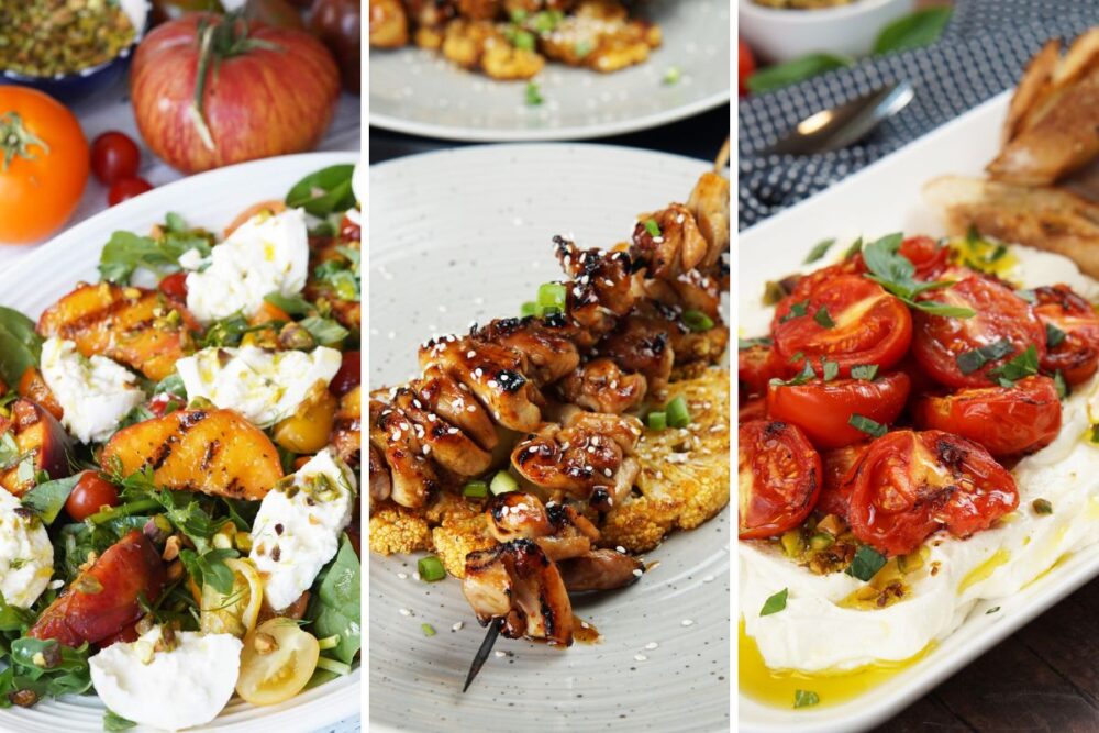 grilled peach and burrata salad, teriyaki chicken skewers, and grilled tomatoes with whipped ricotta