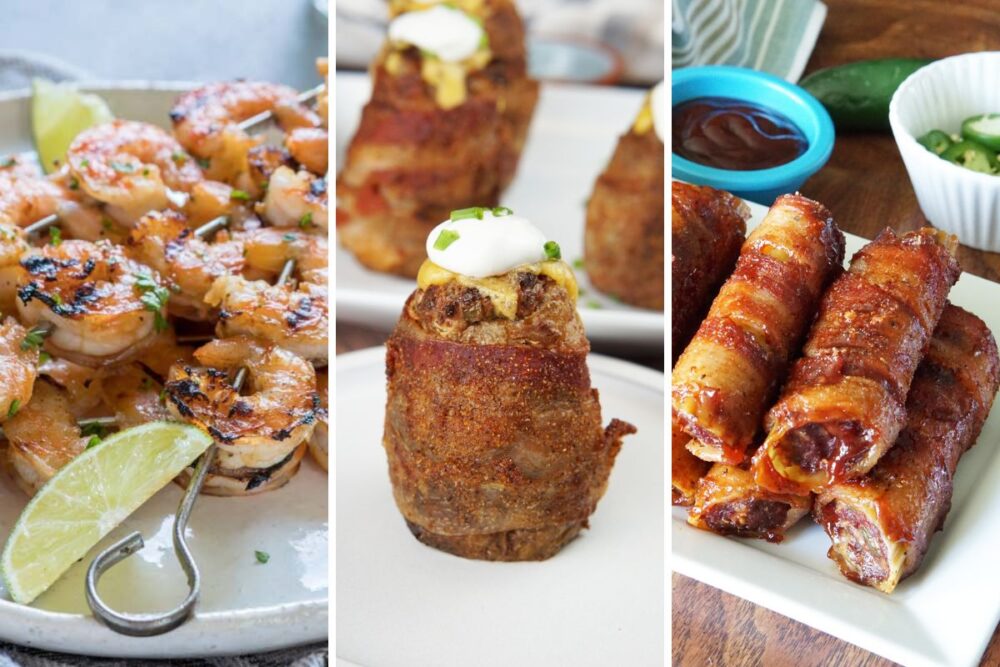 Grilled shrimp skewers, volcano potatoes, and shotgun shells