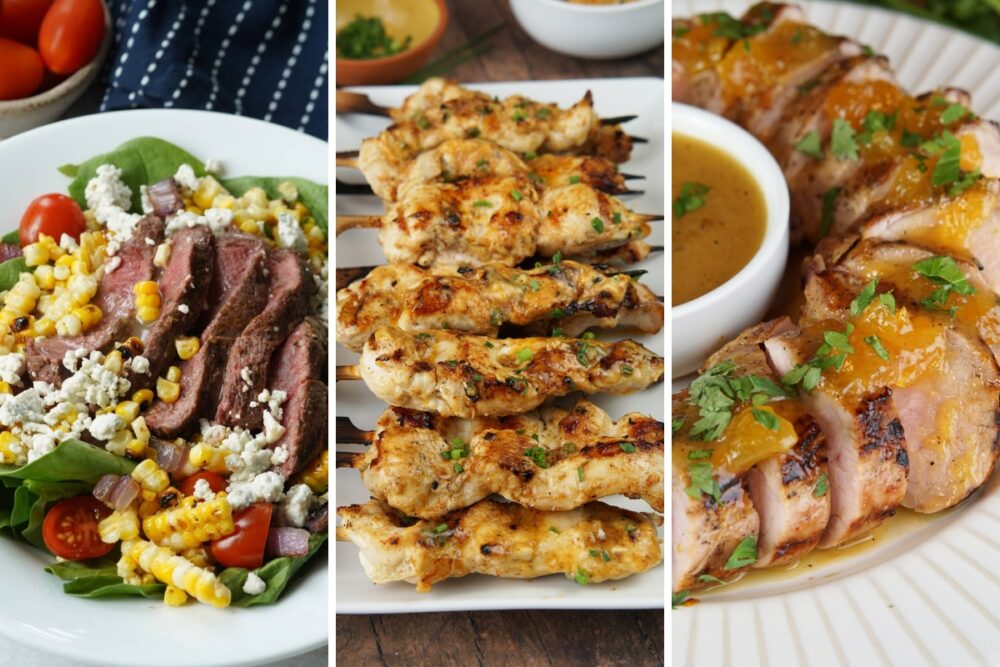 Grilled steak and corn salad, cowboy butter chicken skewers and peach glazed pork tenderloin