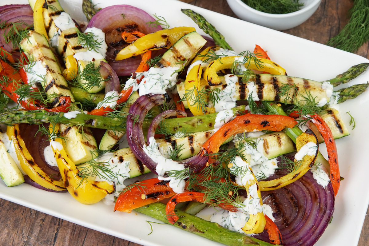 Grilled veggies with a creamy dill sauce