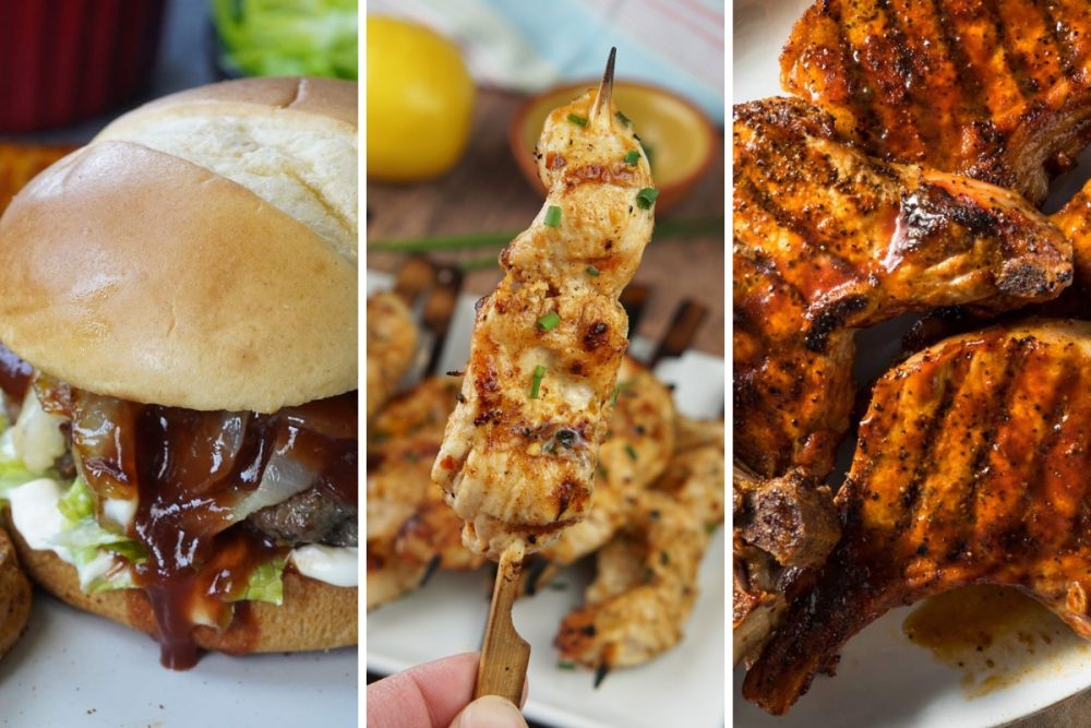 whiskey glazed burger, cowboy butter chicken skewers, and bbq pork chops