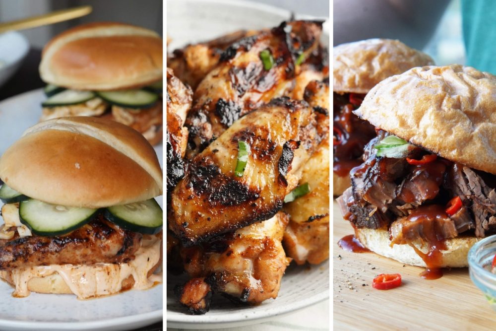Korean chicken sandwich, tequila lime chicken wings, and brisket buns