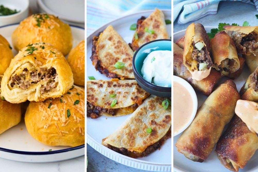 cheeseburger bombs, crispy beef tacos, and cheeseburger eggrolls