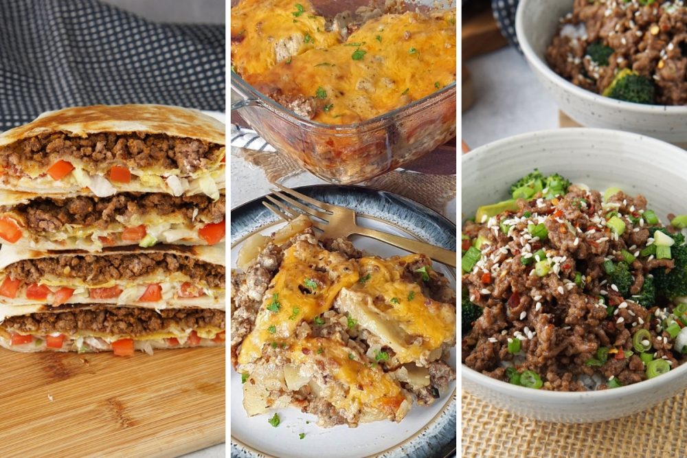 crunch wrap, ground beef potato casserole, and ground beef and rice bowls