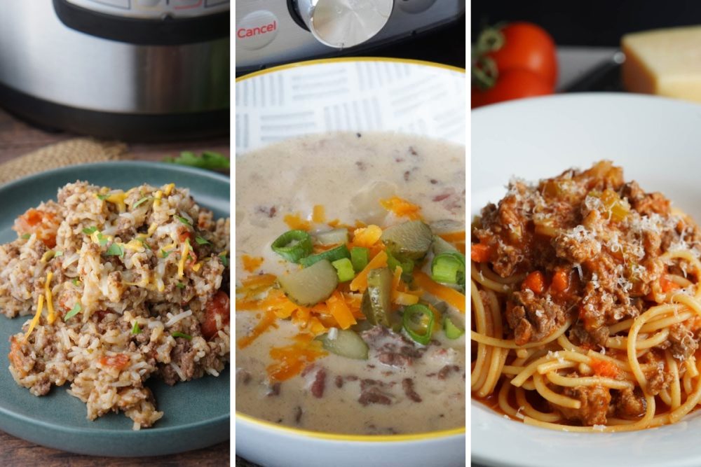 Instant Pot ground beef and rice, cheeseburger soup, and spaghetti bolognese