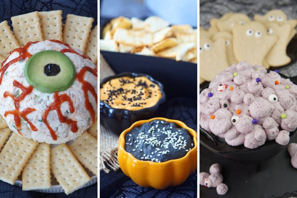 Bloodshot eye cheeseball, Halloween hummus 2 ways, and booberry dip