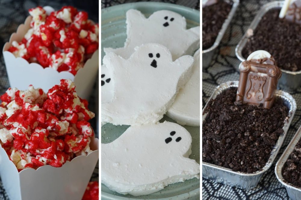 blood red popcorn, marshmallow ghosts, and spooky graveyard cakes