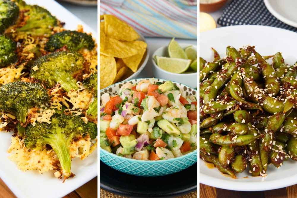 broccoli chips, avocado salsa, and spicy edamame