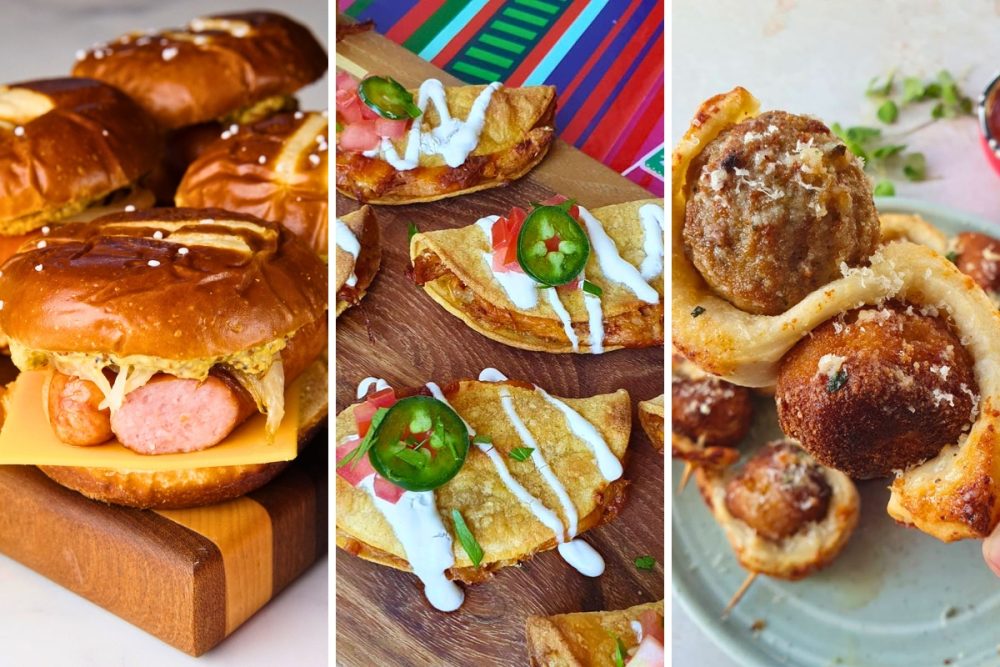 bratwurst sliders, mini chicken tacos, and meatball skewers