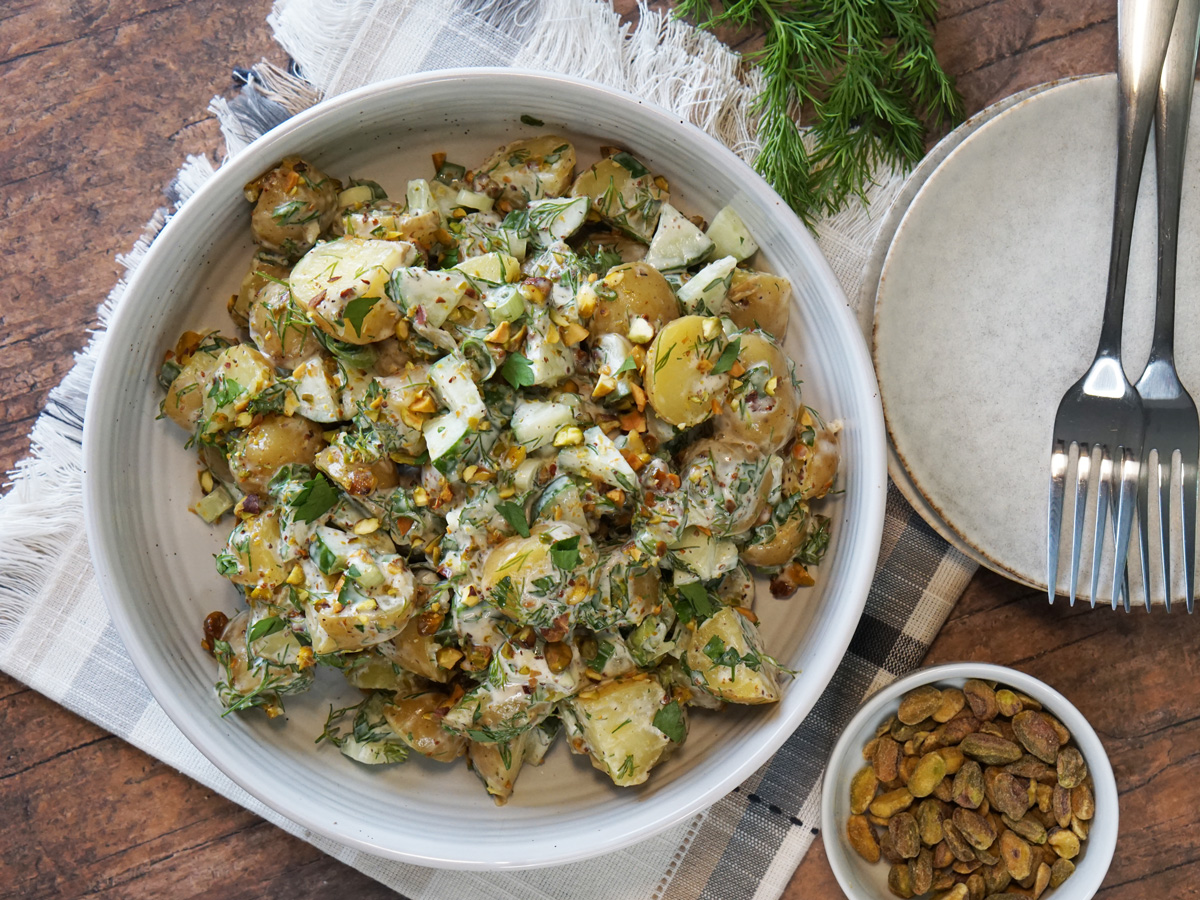 Herby potato salad with pistachios