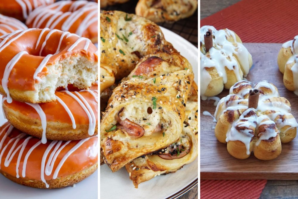 pumpkin donuts, ham and cheese pastry, and pumpkin shaped cinnamon rolls