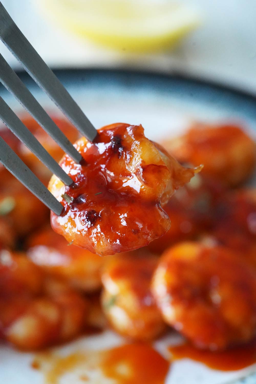 Honey Sriracha Shrimp on a fork
