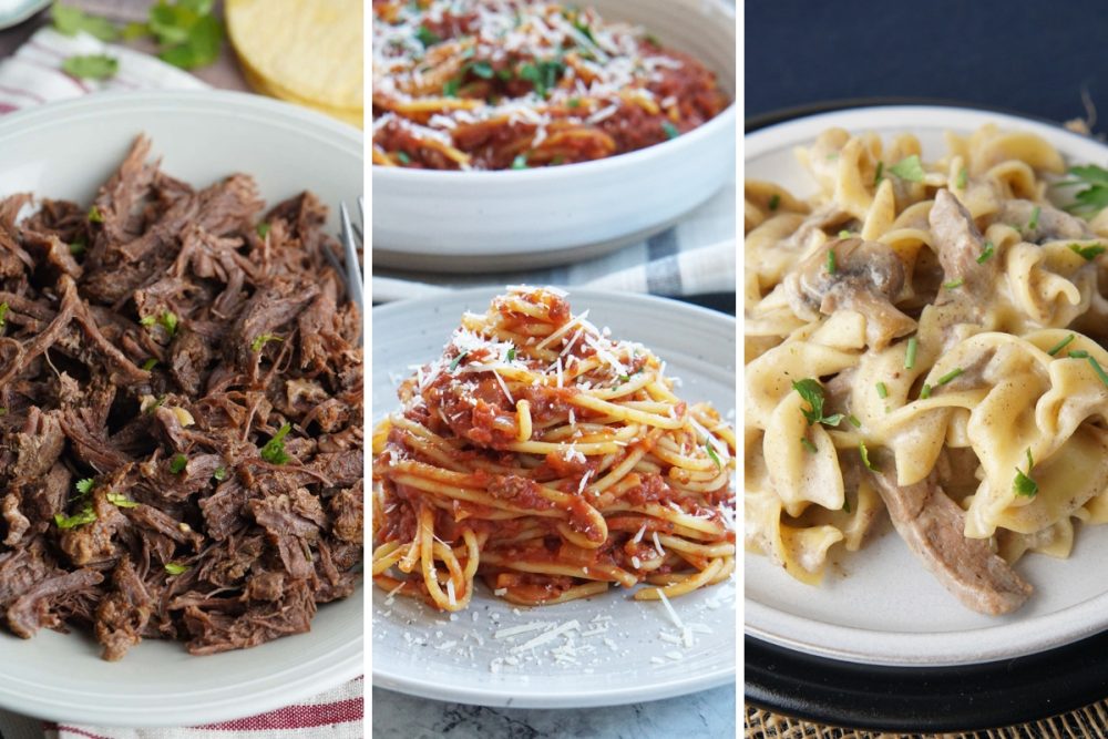 shredded beef, spaghetti, and beef stroganoff