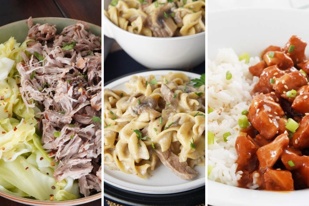 Kalua pork and cabbage, beef stroganoff, and sesame chicken