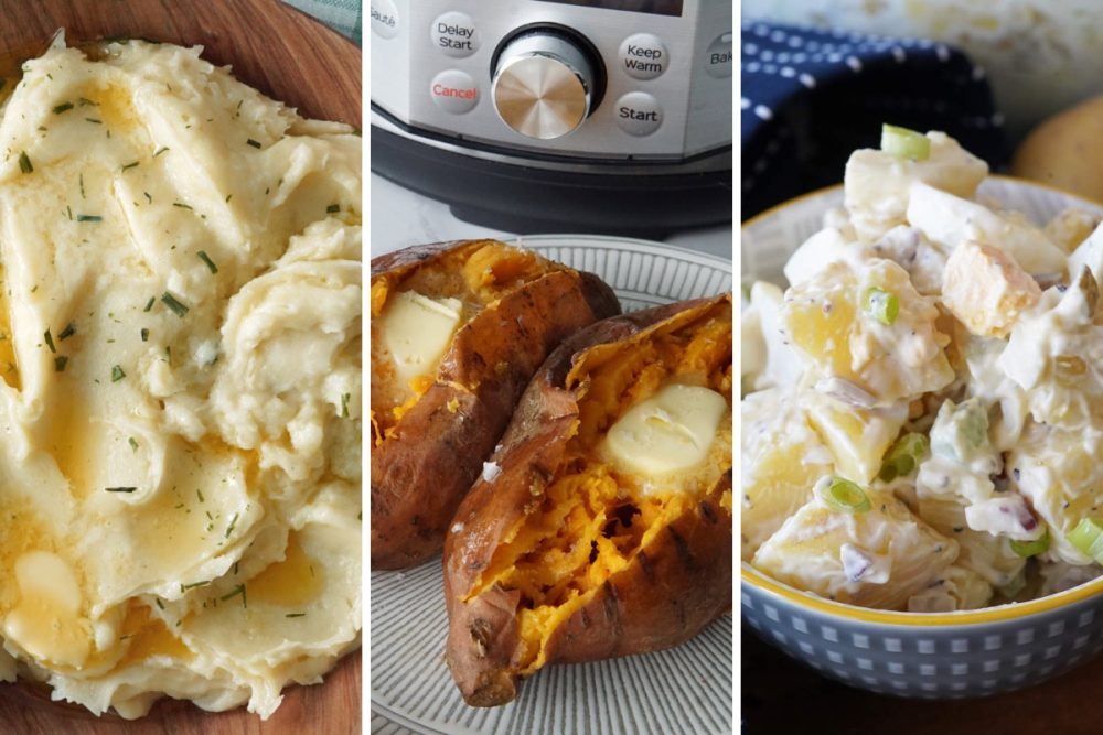mashed potatoes, baked sweet potatoes, and potato salad