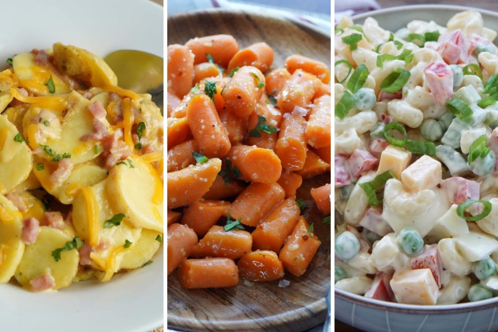 scalloped potatoes, glazed carrots, and macaroni salad