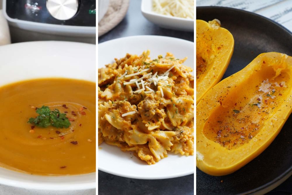 Butternut squash soup, pumpkin pasta, and delicata squash