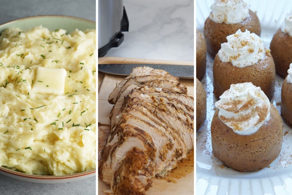 mashed potatoes, turkey and pumpkin pie bites