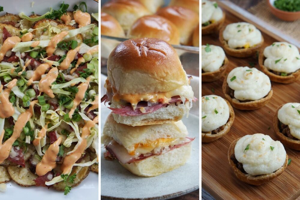 corned beef nachos, reuben sliders, and mini shepherd's pies