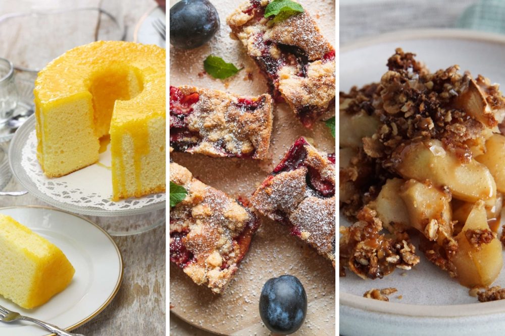 Orange cake, plum crumble cake, and apple crisp