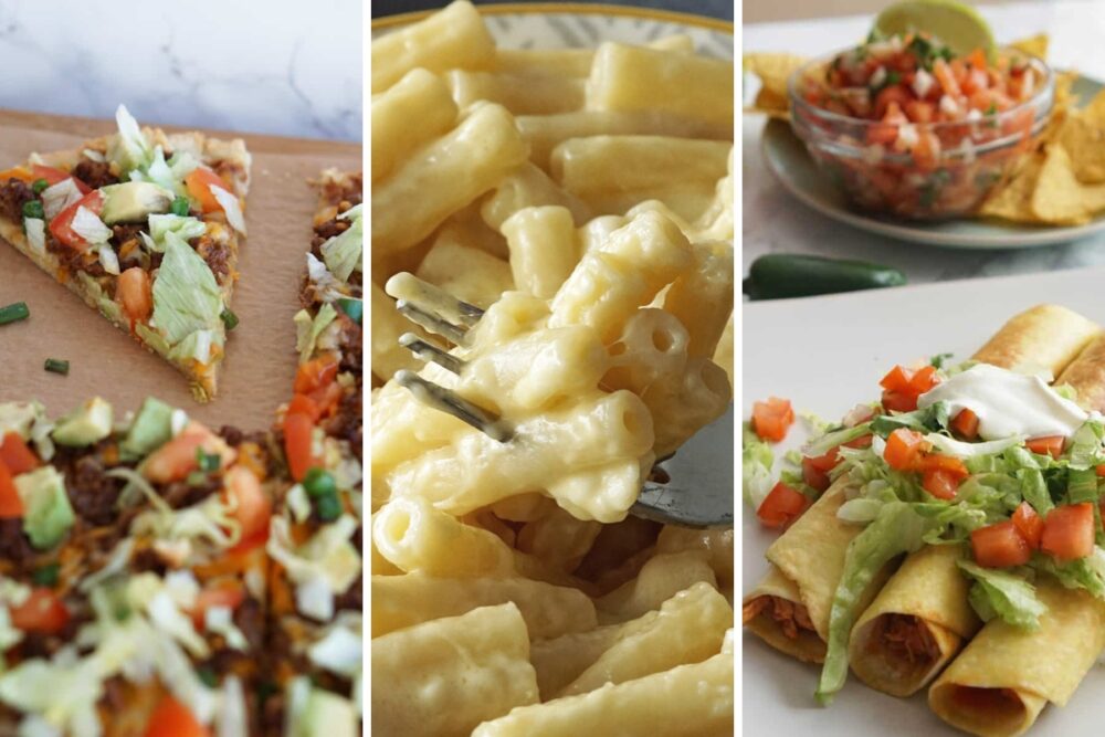 Taco pizza, mac and cheese, and chicken flautas
