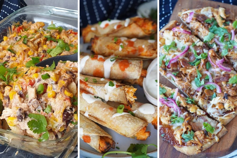 fiesta chicken casserole, buffalo chicken taquitos, and bbq chicken flatbread