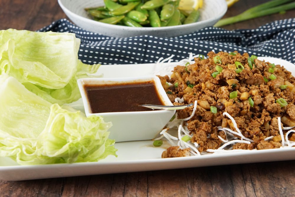 Lettuce wraps with sautéed snap peas