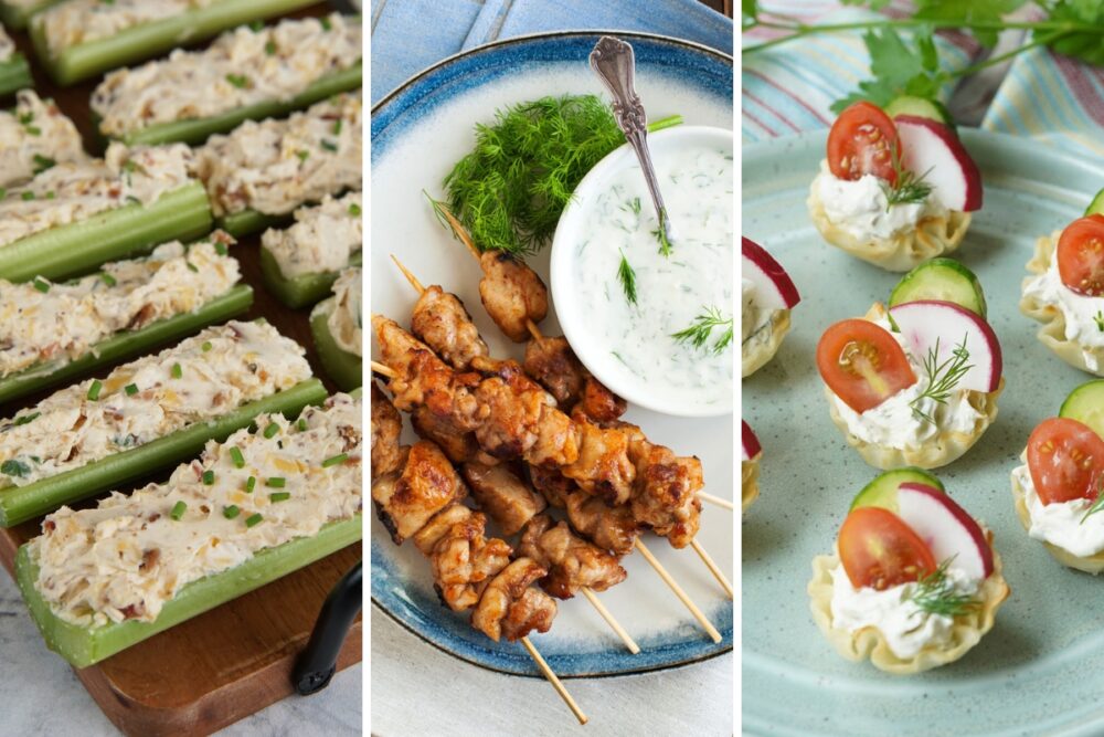 Stuffed celery, Mediterranean chicken skewers, and herbed cheese and veggie cups