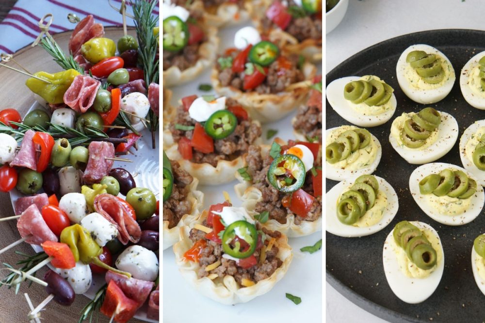 holiday antipasto wreath, taco cups, and dirty martini deviled eggs