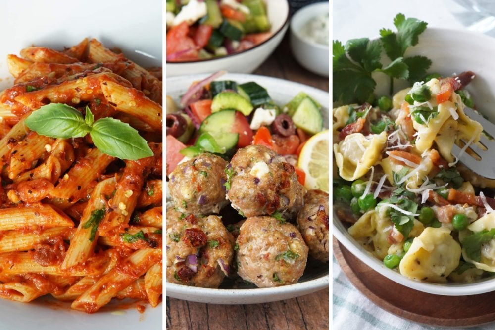 penne all'arrabbiata, Mediterranean meatballs, and tortellini carbonara