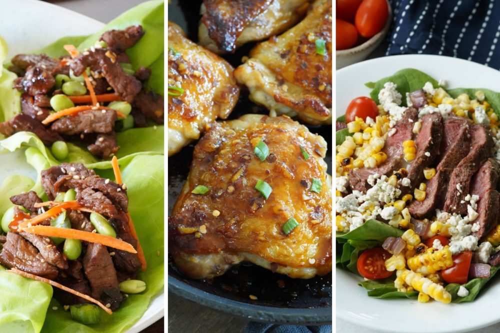 Korean lettuce wraps, honey garlic chicken, and Grilled steak salad