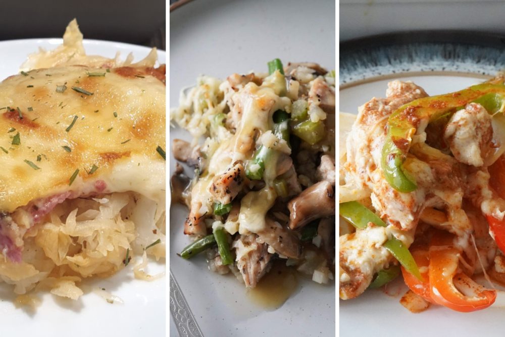Reuben, turkey, and chicken fajita casseroles