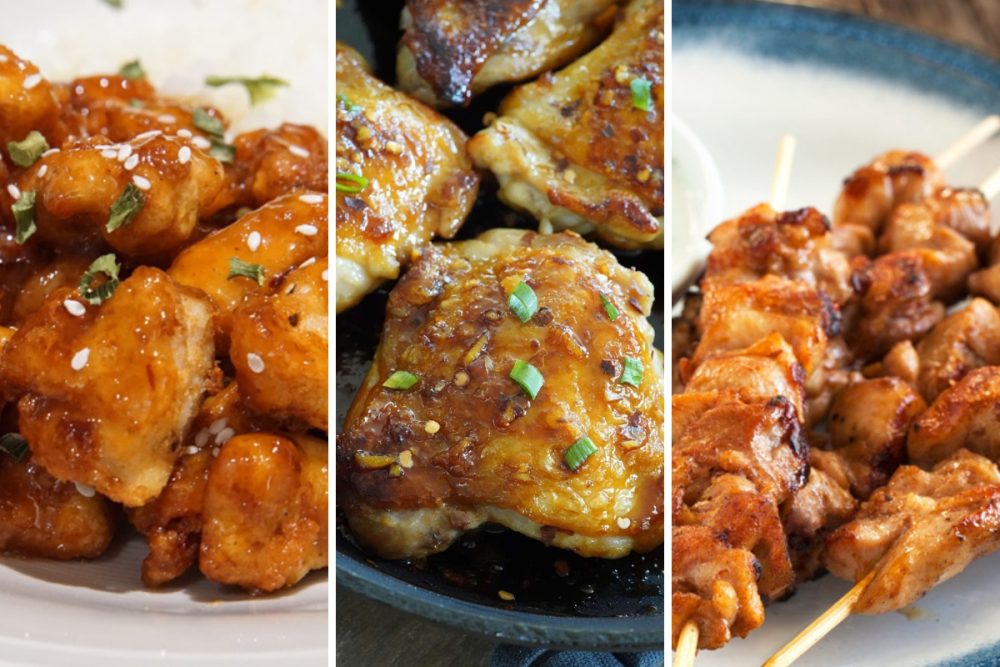 orange chicken, honey garlic chicken and Mediterranean chicken skewers