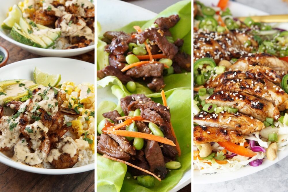 shrimp and corn rice bowl, Korean beef lettuce cups and sesame chicken salad
