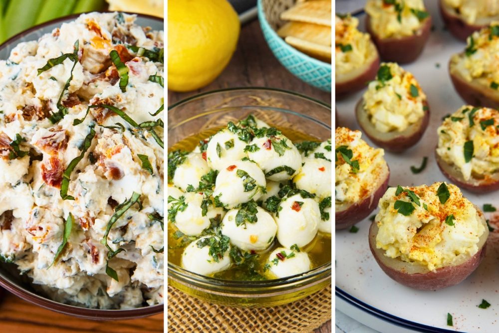 sun dried tomato dip, marinated mozzarella balls, and potato salad bites