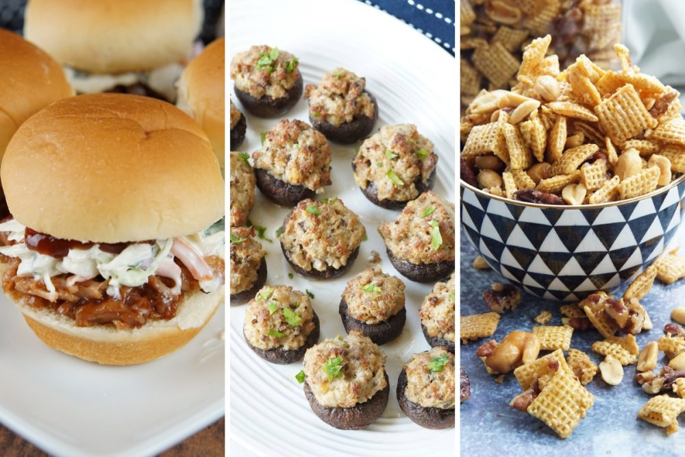 Pulled pork sliders, stuffed mushrooms, and chex mix
