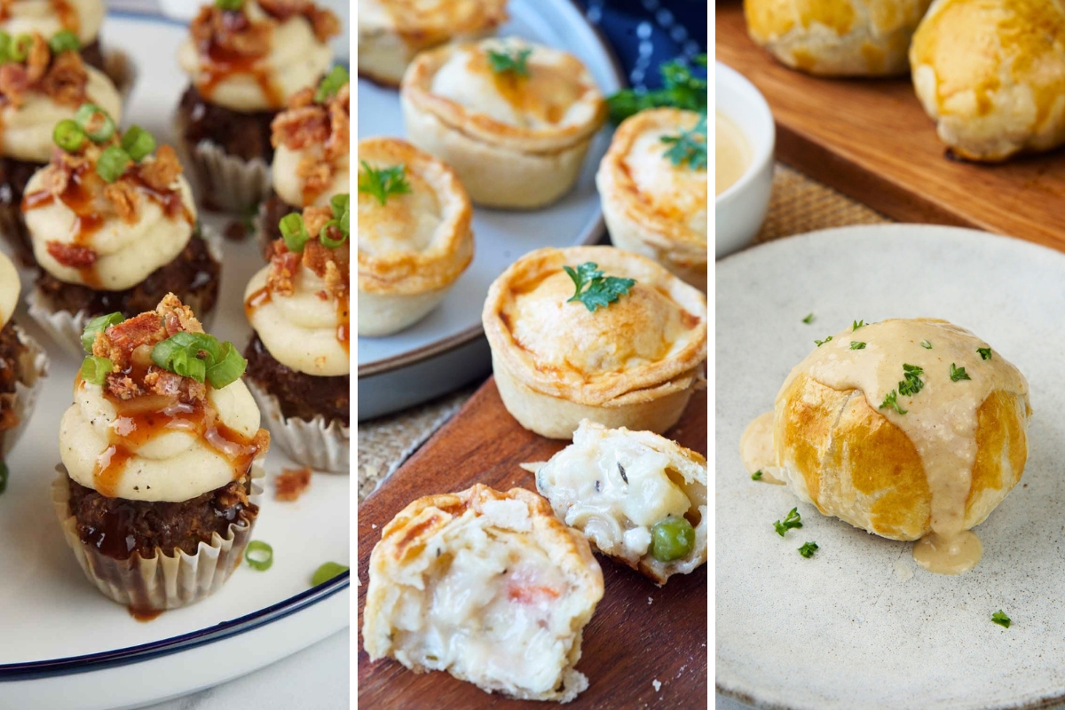 meatloaf cupcakes, mini chicken pot pies, and mini beef wellingtons