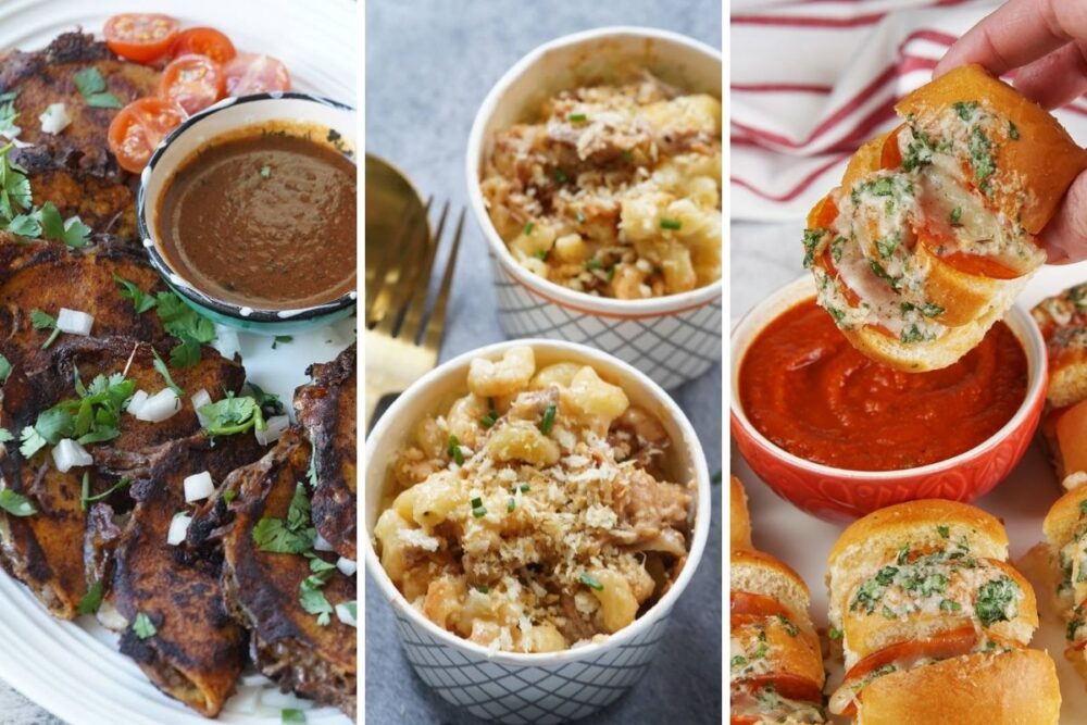 Mini birria tacos, pulled pork mac and cheese, and pepperoni pizza bites