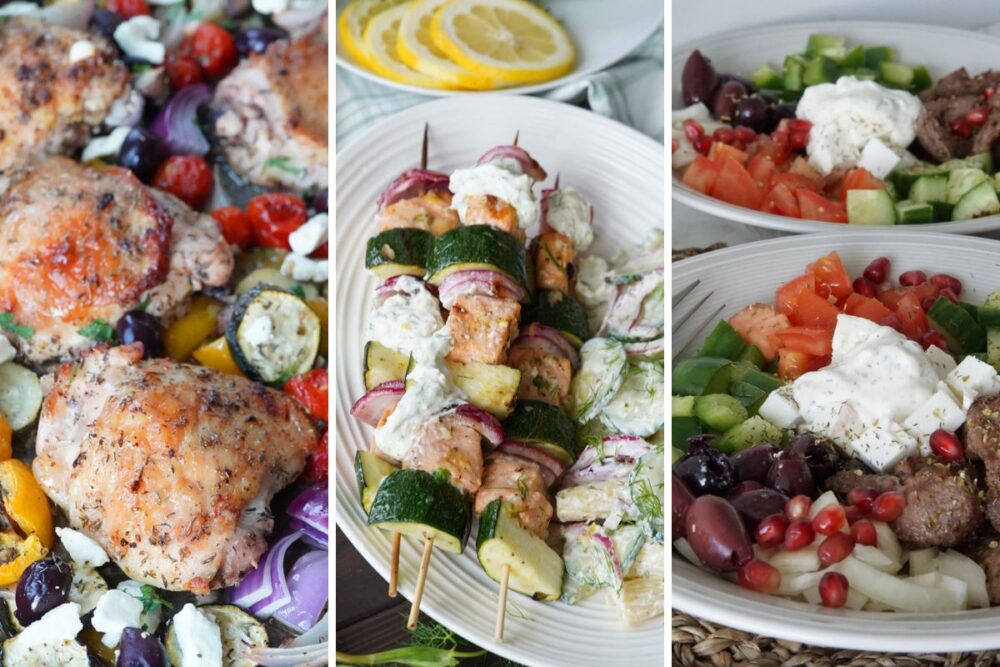 sheet pan chicken, Mediterranean salmon skewers, and Greek salad bowls
