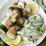 Mediterranean salmon skewers and creamy cucumber salad