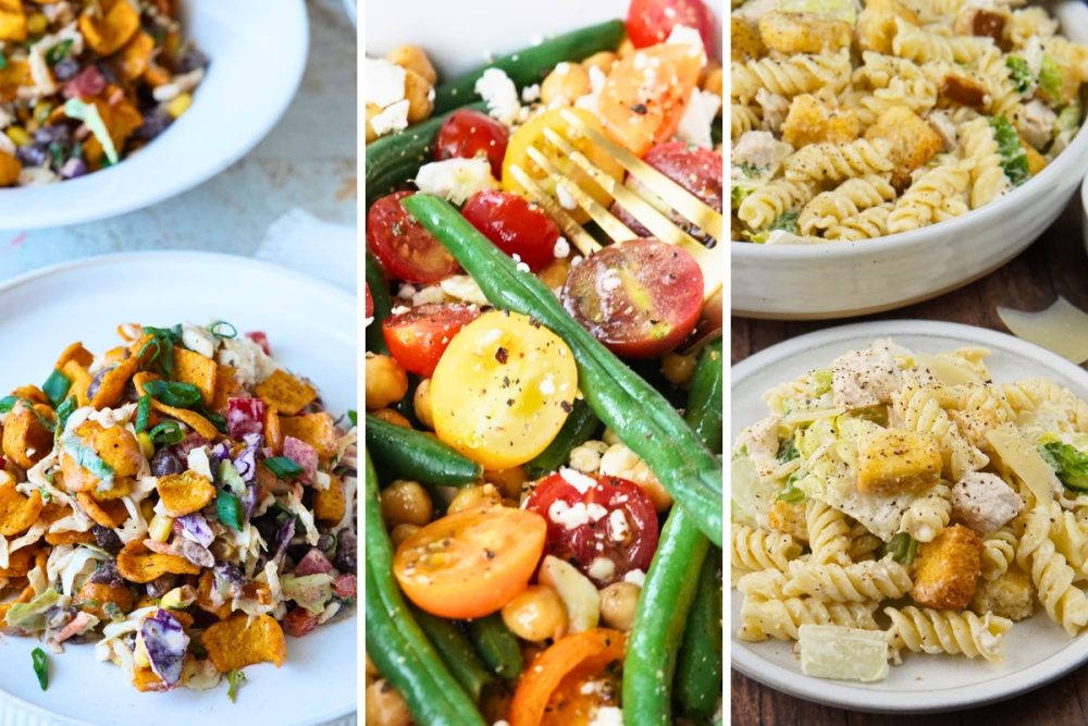 frito salad, green bean salad and Caesar pasta salad