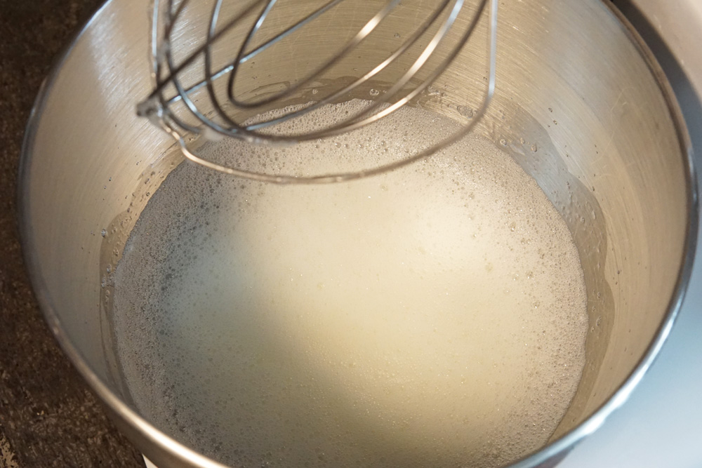 egg whites whisked to soap bubble stage