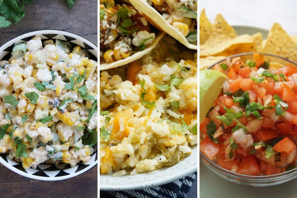 Mexican Street Corn salad, green chili rice, and pico de gallo