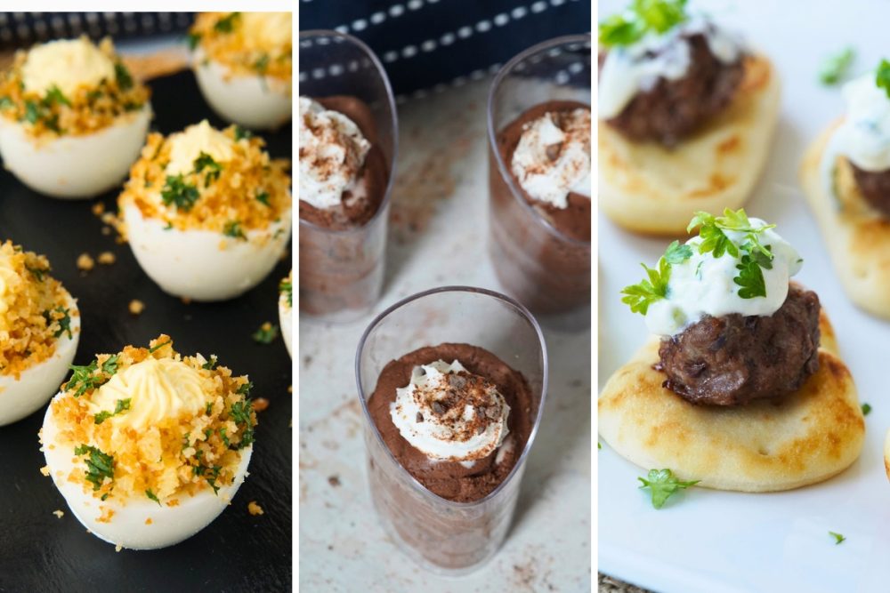 garlic bread deviled eggs, chocolate mousse cups, and Greek lamb bites