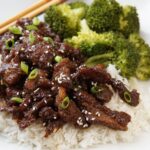 Mongolian beef with rice and broccoli