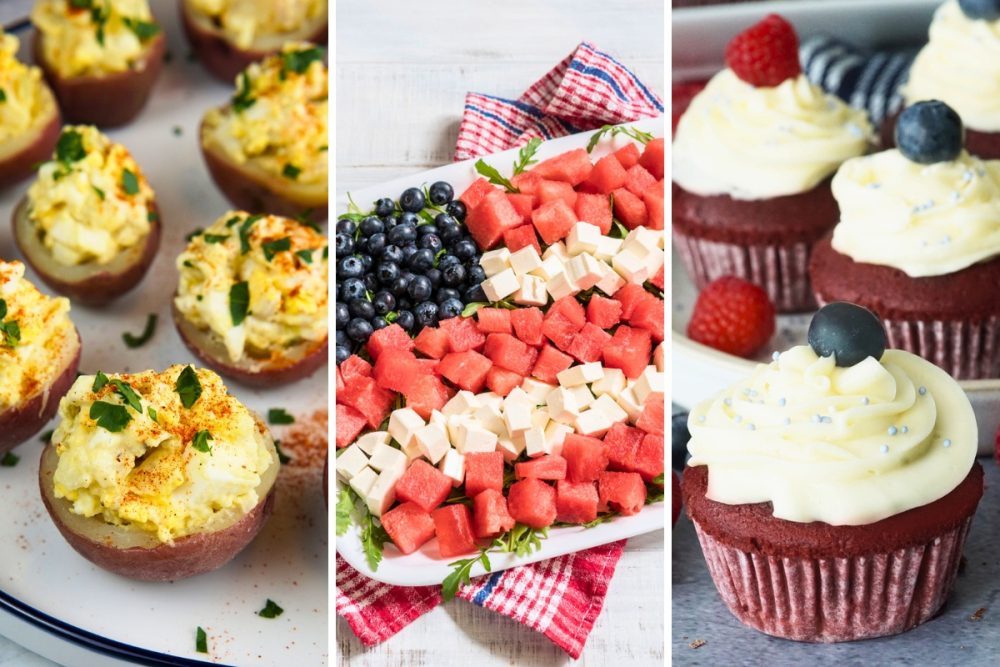 potato salad bites, 4th of July fruit platter, and raspberry filled cupcakes